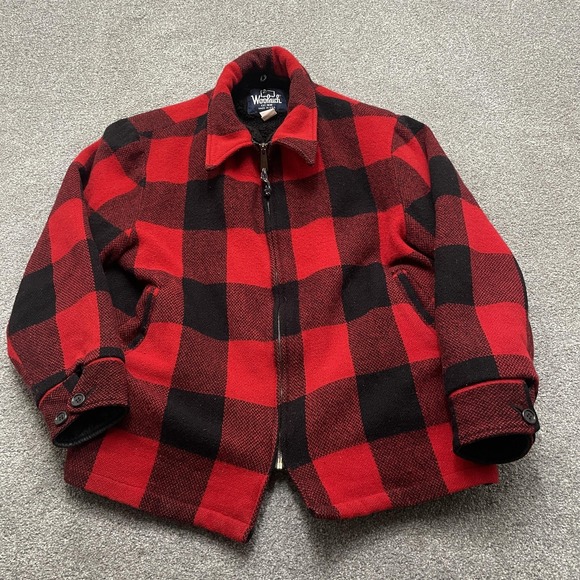 Vintage Woolrich Jacket Mens Large Red Black Buffalo Plaid Wool Blend USA 90s - Picture 1 of 7